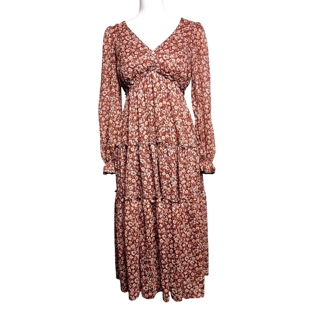 By the River Floral Romantic Ditsy Maxi Dress Brown Boho Tiered Smocked  Small‎